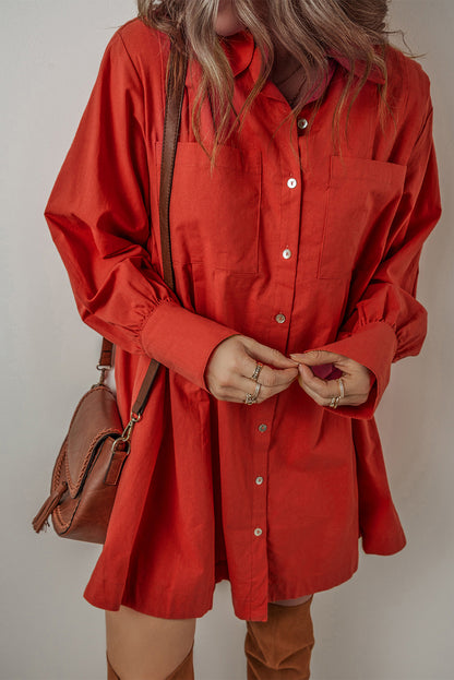 Bishop Sleeve Button-Up Pleated Mini Shirt Dress