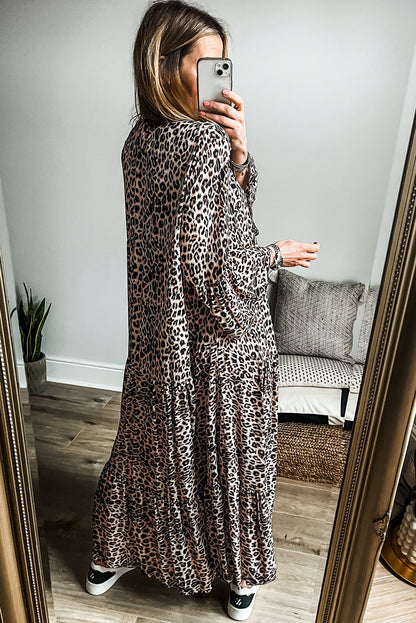 Leopard Print Tiered Wide Sleeve Maxi Dress