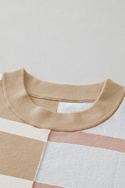 Light Beige Striped Colorblock Drop Shoulder Sweater