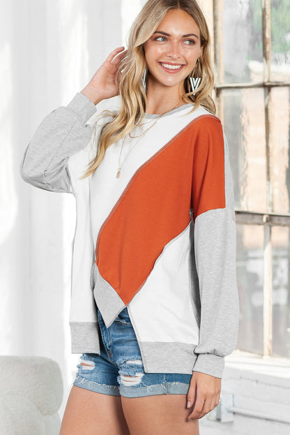 Khaki Colorblock Stitching Irregular Hem Long Sleeve Top