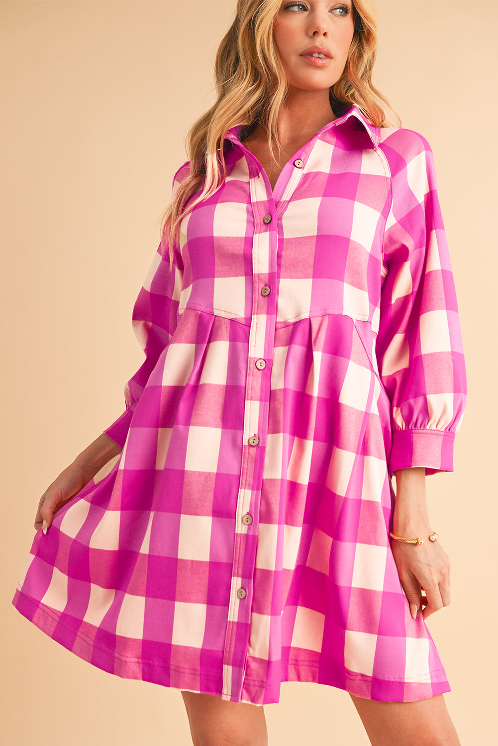 Rose Red Hidden Pocket Plaid Button Down Shirt Dress