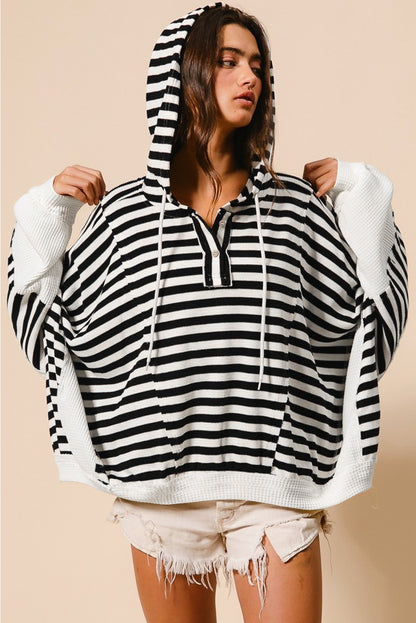 Black White Striped Waffle Patchwork Baggy Hooded Top