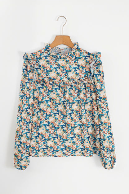 Sky Blue Floral Print Frill Neck Puff Sleeve Blouse