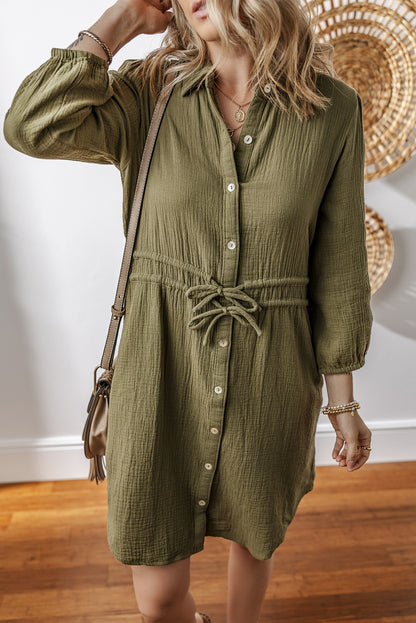 Jungle Green Textured Bracelet Sleeve Button Up Mini Dress