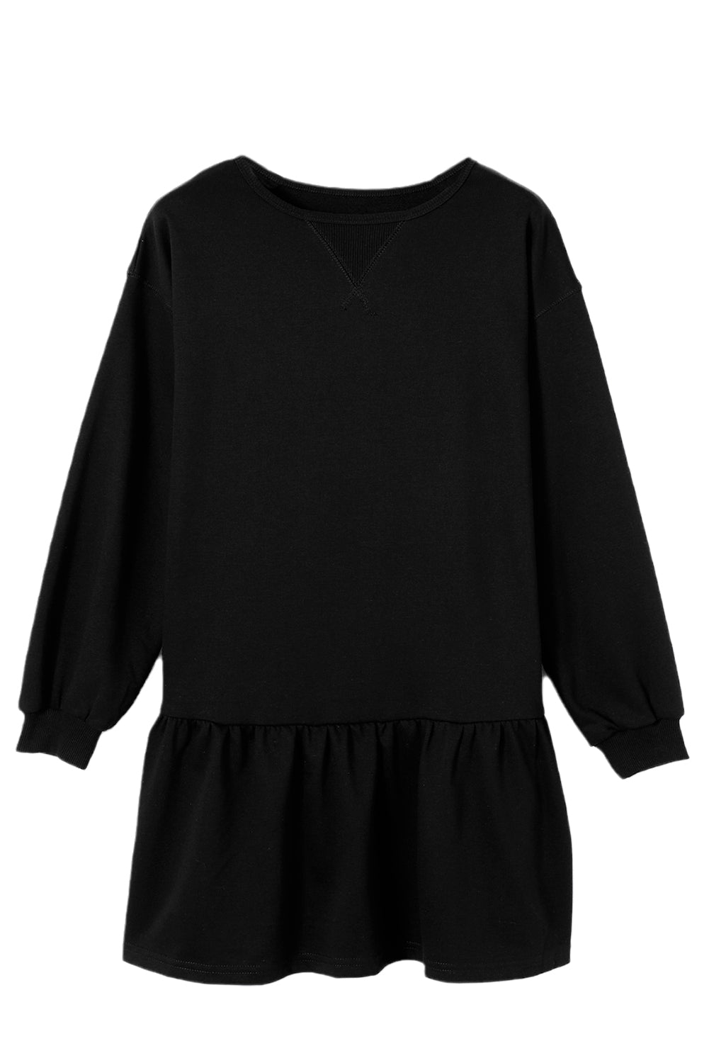 Black Solid Color Ruffle Hem Mini Sweatshirt Dress