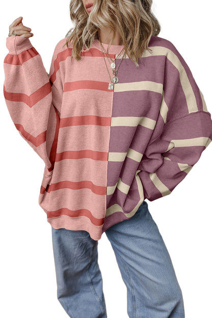 Light Beige Striped Colorblock Drop Shoulder Sweater