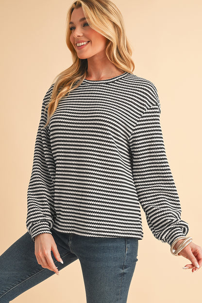 Khaki Stripe Round Neck Drop Shoulder Long Sleeve Top