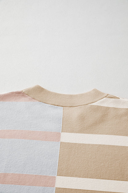 Light Beige Striped Colorblock Drop Shoulder Sweater