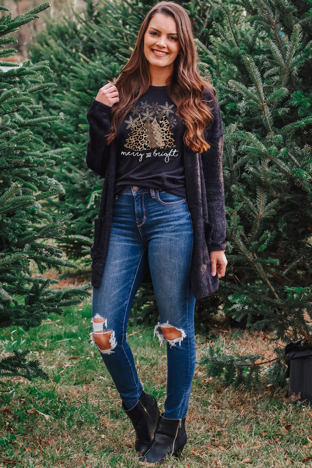 Leopard Christmas Tree Casual Crew Neck Graphic Tee