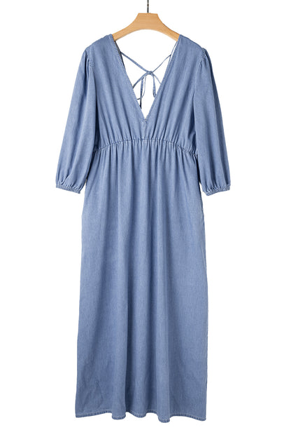 Chambray Deep V Neck Bracelet Sleeve Maxi Dress