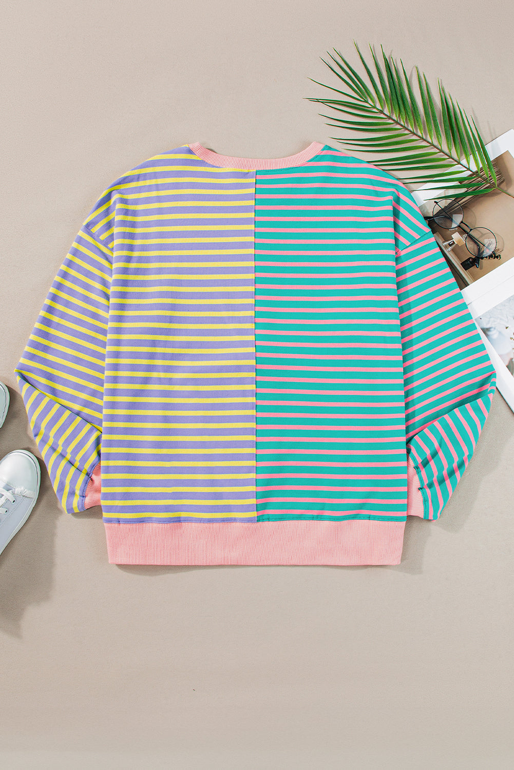 Sky Blue Stripe Colorblock Drop Shoulder Oversize Sweatshirt