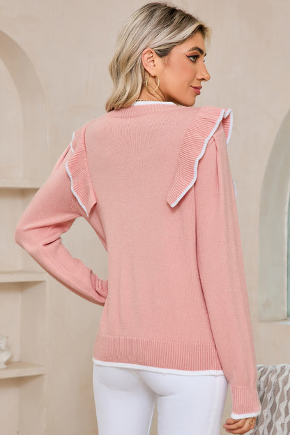 Light Pink Bow Detail Contrast Trim Ruffle Sweater