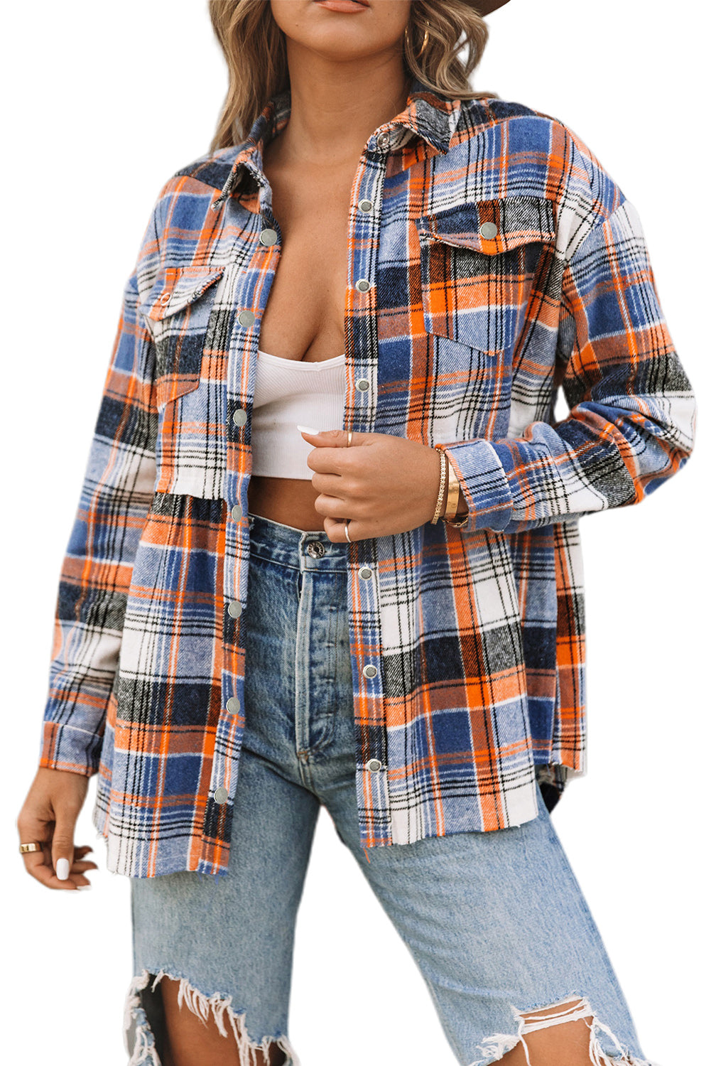 Multicolor Plaid Snap Button Casual Raw Hem Shirt Shacket