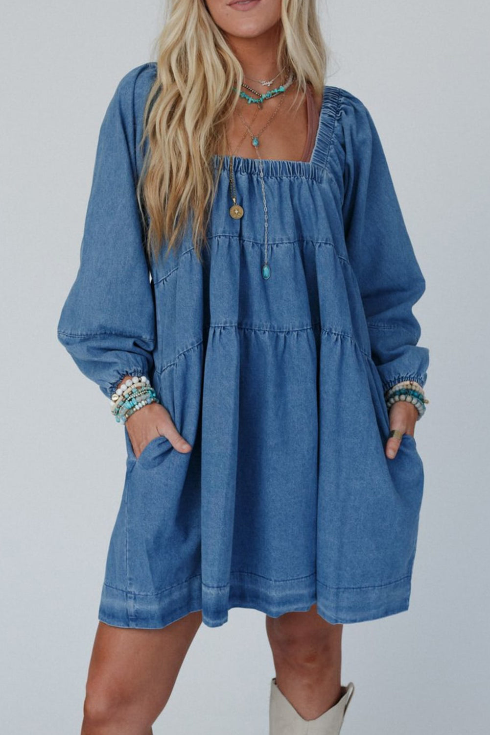 Side Pockets Loose Fit Denim Mini Dress