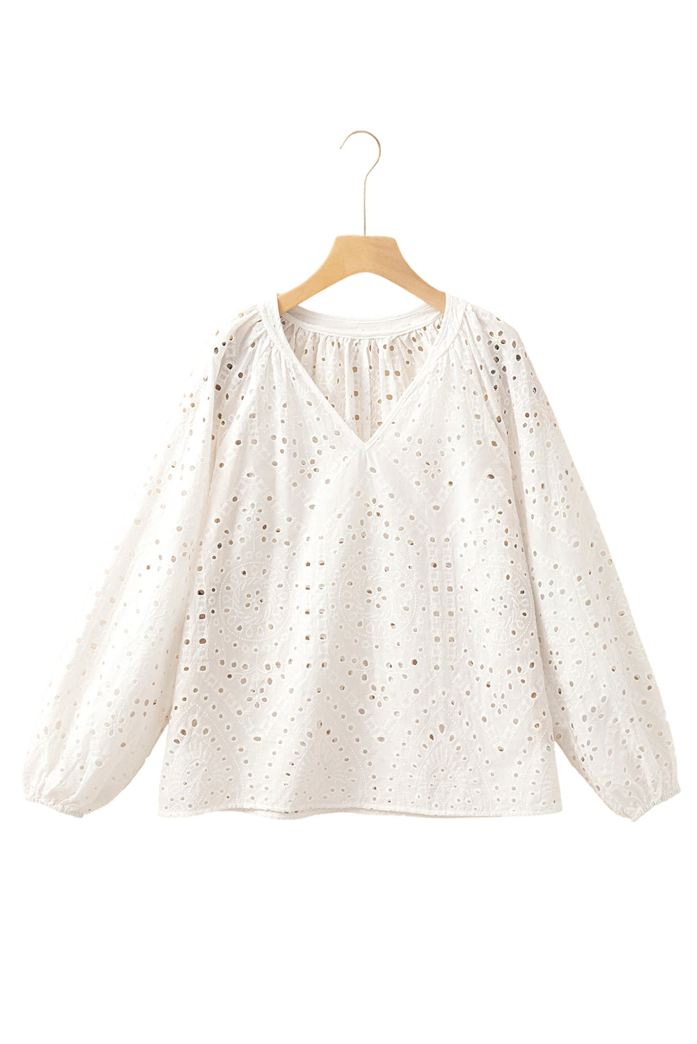 White Eyelet Embroidered Puff Sleeve V Neck Blouse