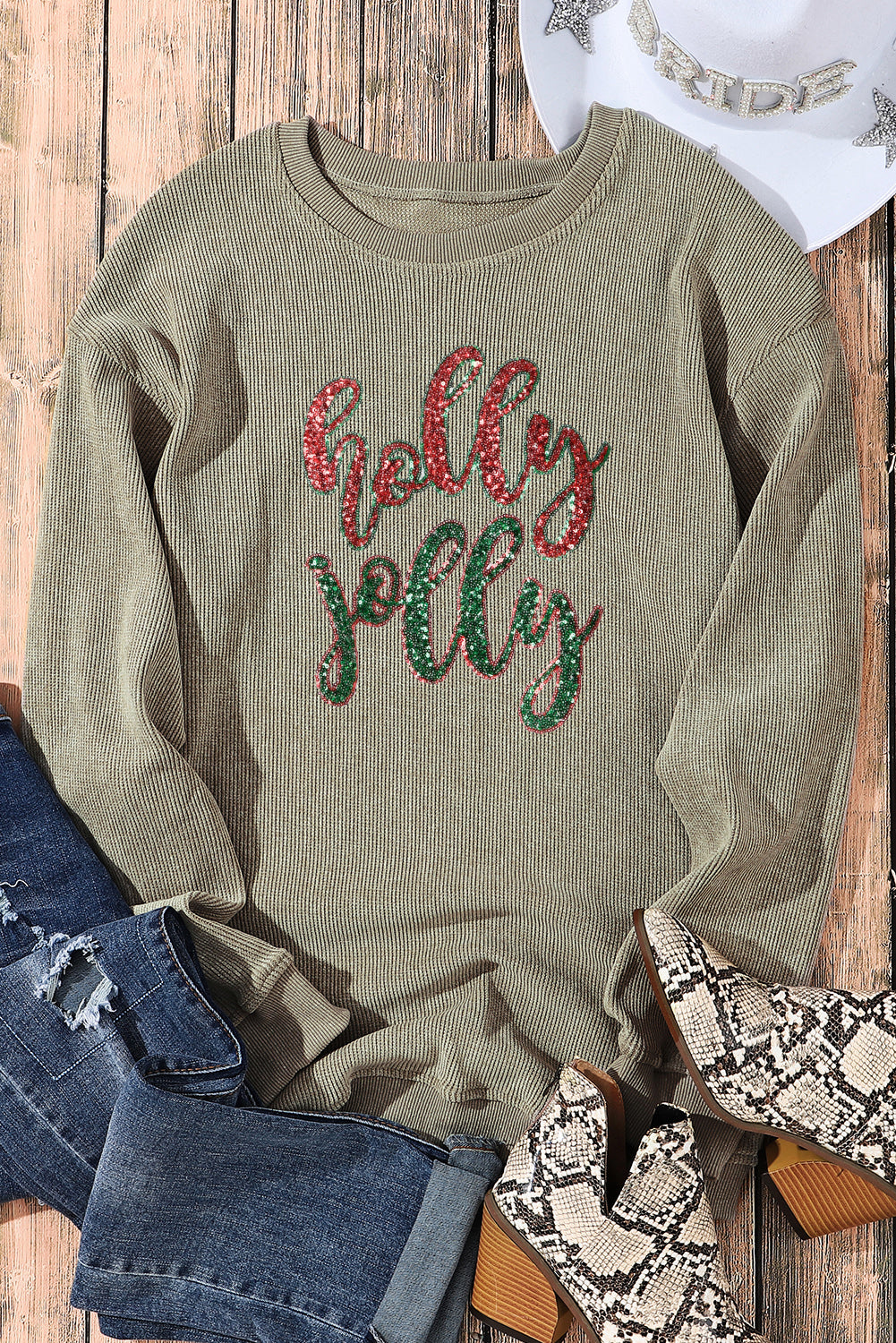 Green Crinkle Rib Christmas Tree Sequin Graphic Sweatshirt