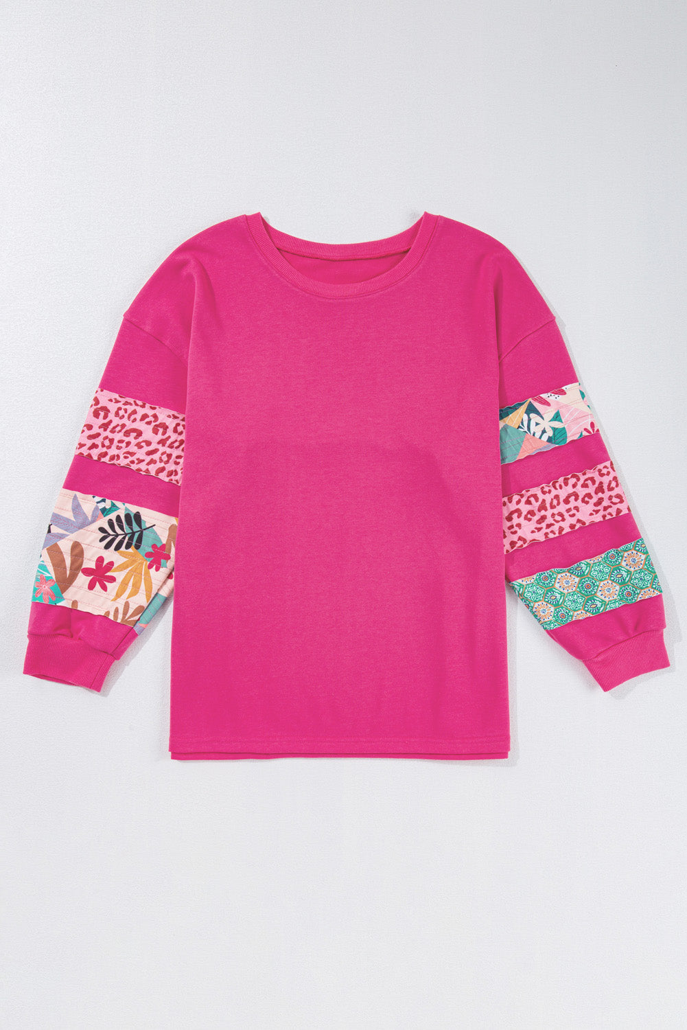 Rose Red Leopard Patchwork Sleeve Split Plus Sweatshirt