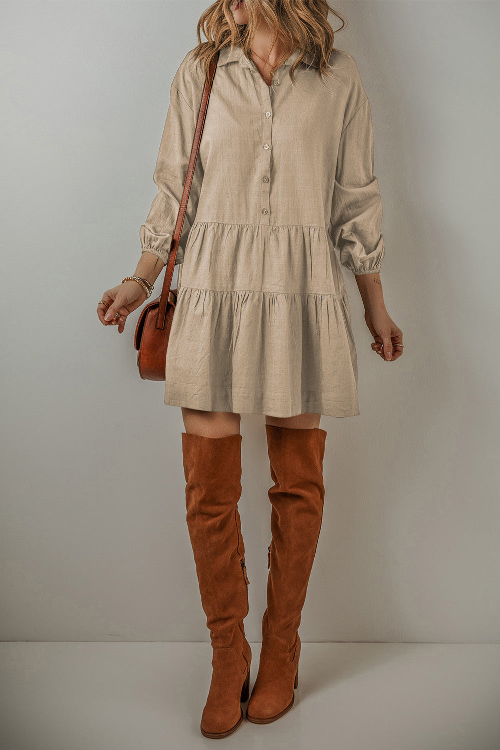 Puff Sleeve Buttoned Tiered Pleated Mini Shirt Dress