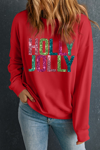 Glittering HOLLY JOLLY Graphic Christmas Pullover Sweatshirt