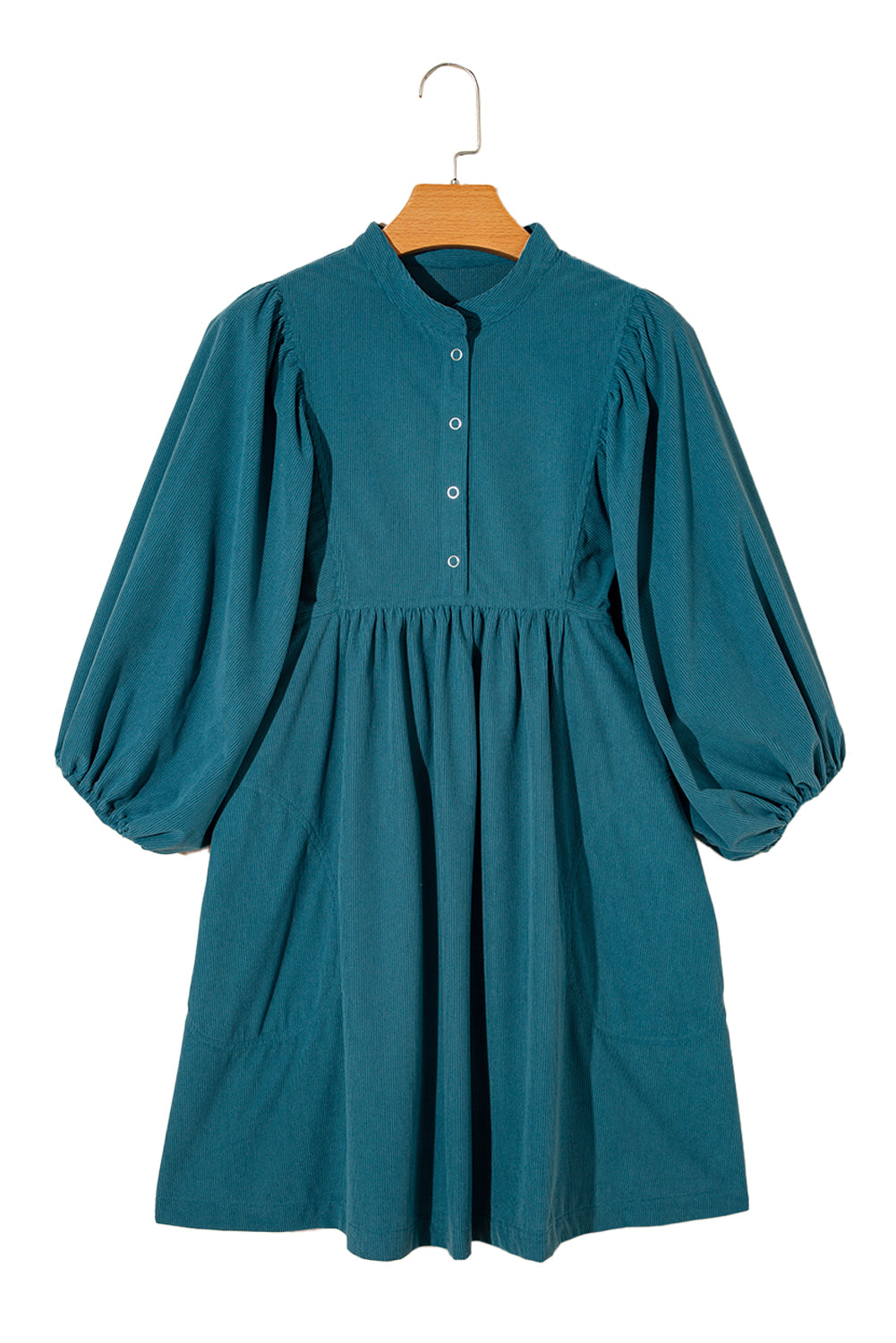 Snap Button Empire Waist Lantern Sleeve Corduroy Dress