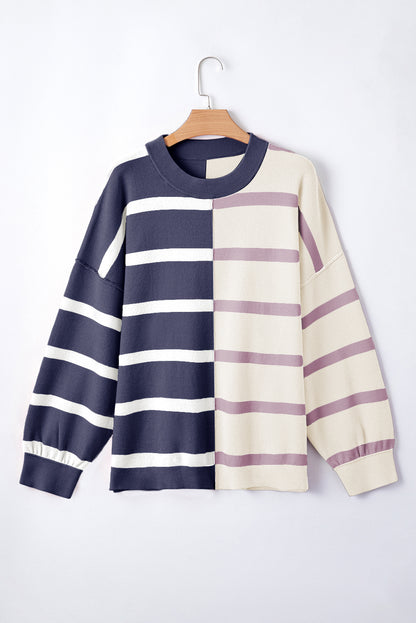 Light Beige Striped Colorblock Drop Shoulder Sweater