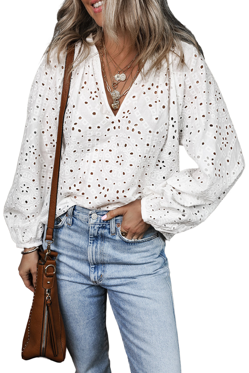 White Eyelet Embroidered Puff Sleeve V Neck Blouse