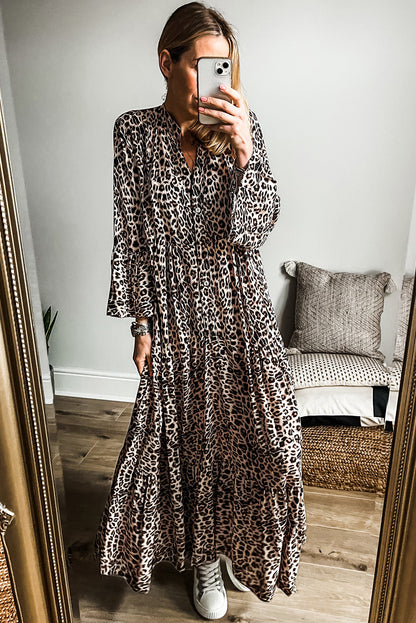 Leopard Print Tiered Wide Sleeve Maxi Dress