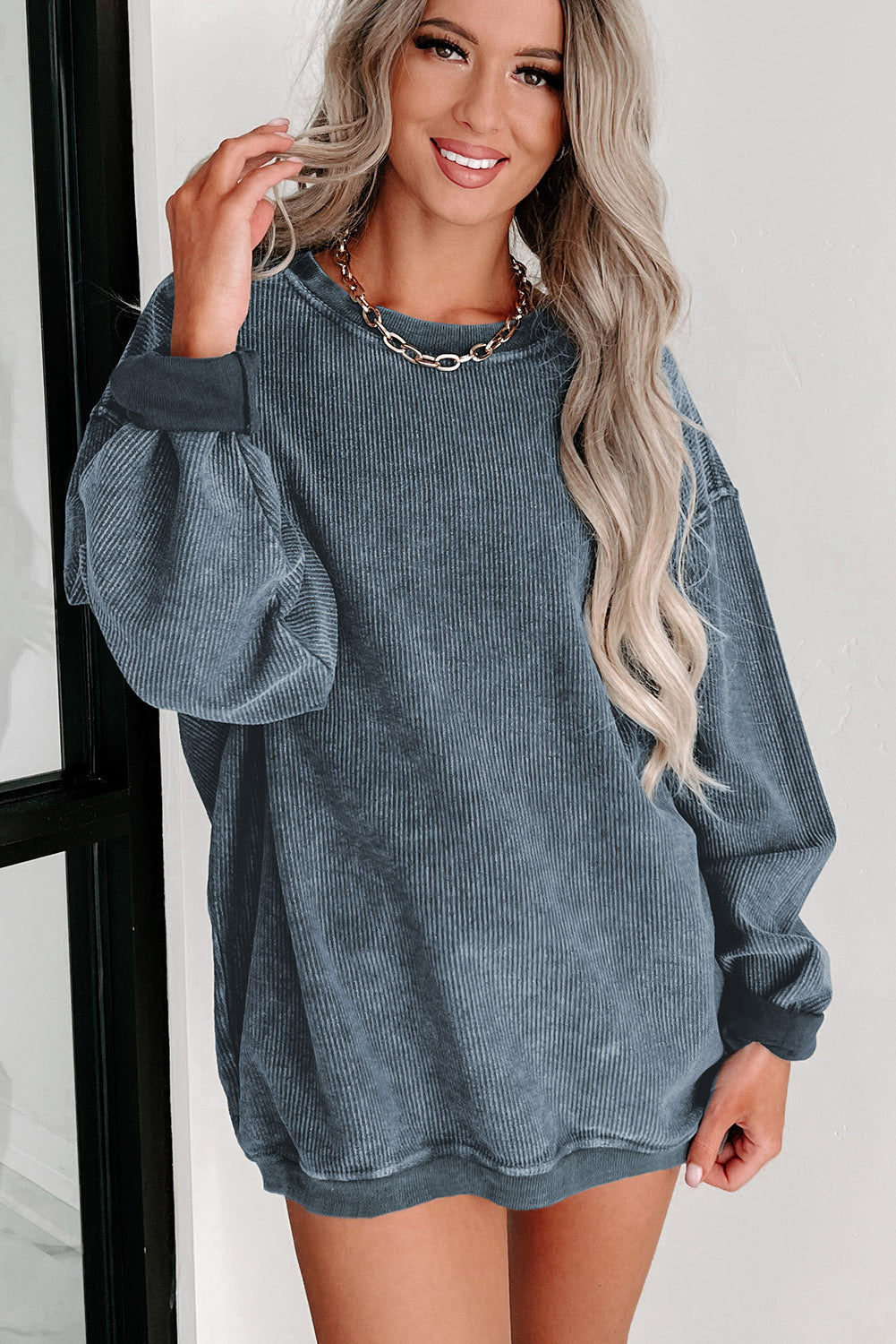 Ribbed Round Neck Drop Sleeve Pullover Sweatshirt