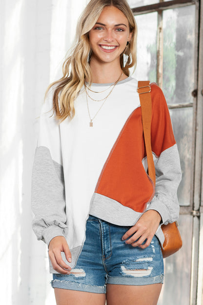 Khaki Colorblock Stitching Irregular Hem Long Sleeve Top