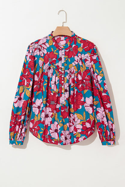 Floral Print Balloon Sleeve Half Buttons Blouse