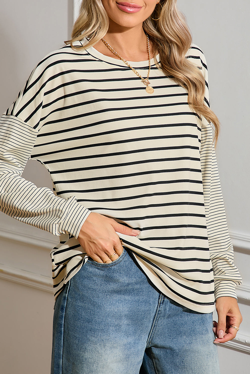 Stripe Patchwork Loose Long Sleeve Tee