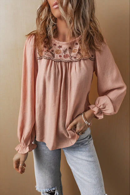 Gossamer Pink Floral Embroidered Crinkle Blouse