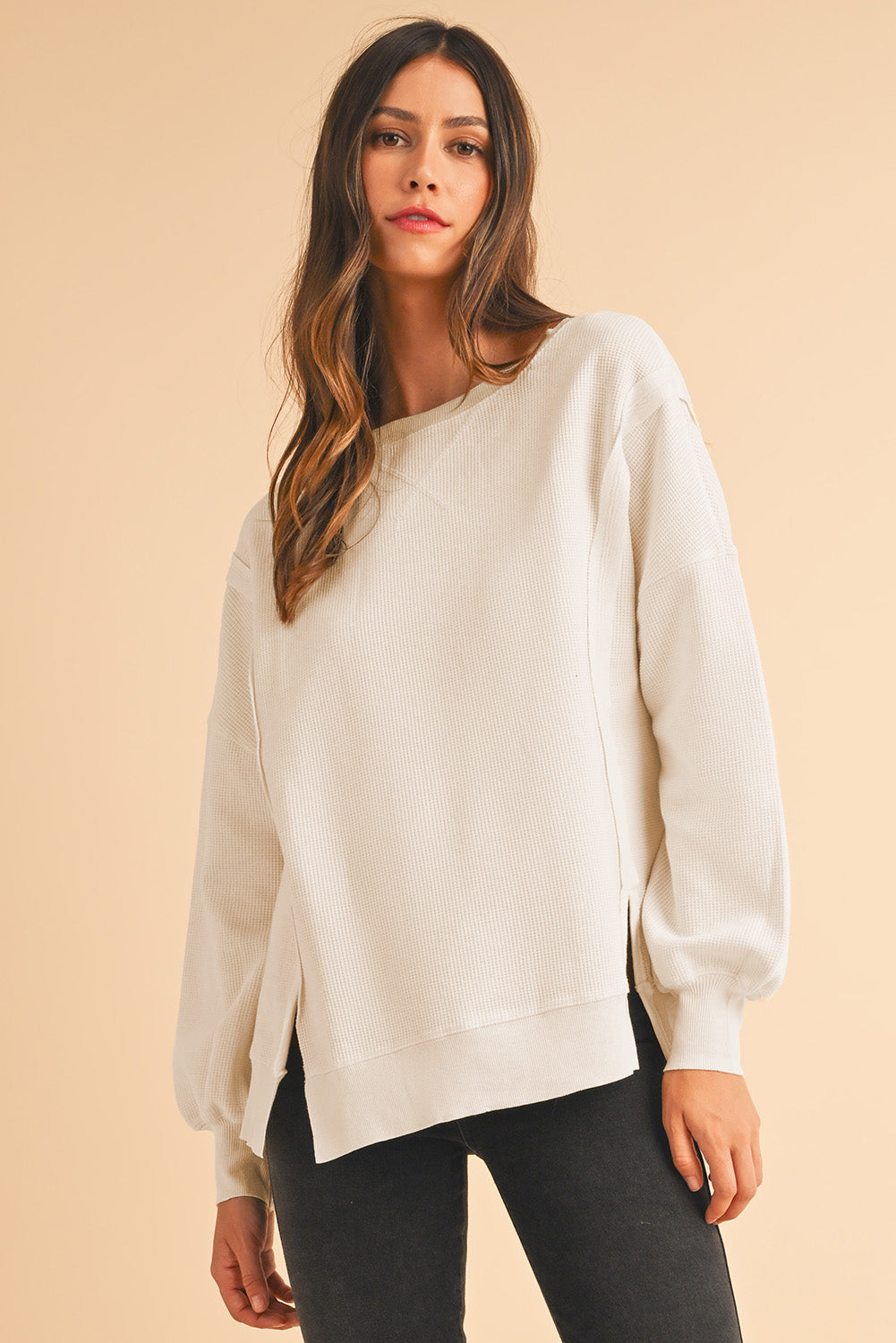 White Waffle Bishop Sleeve Split Oversized Sweatshirt