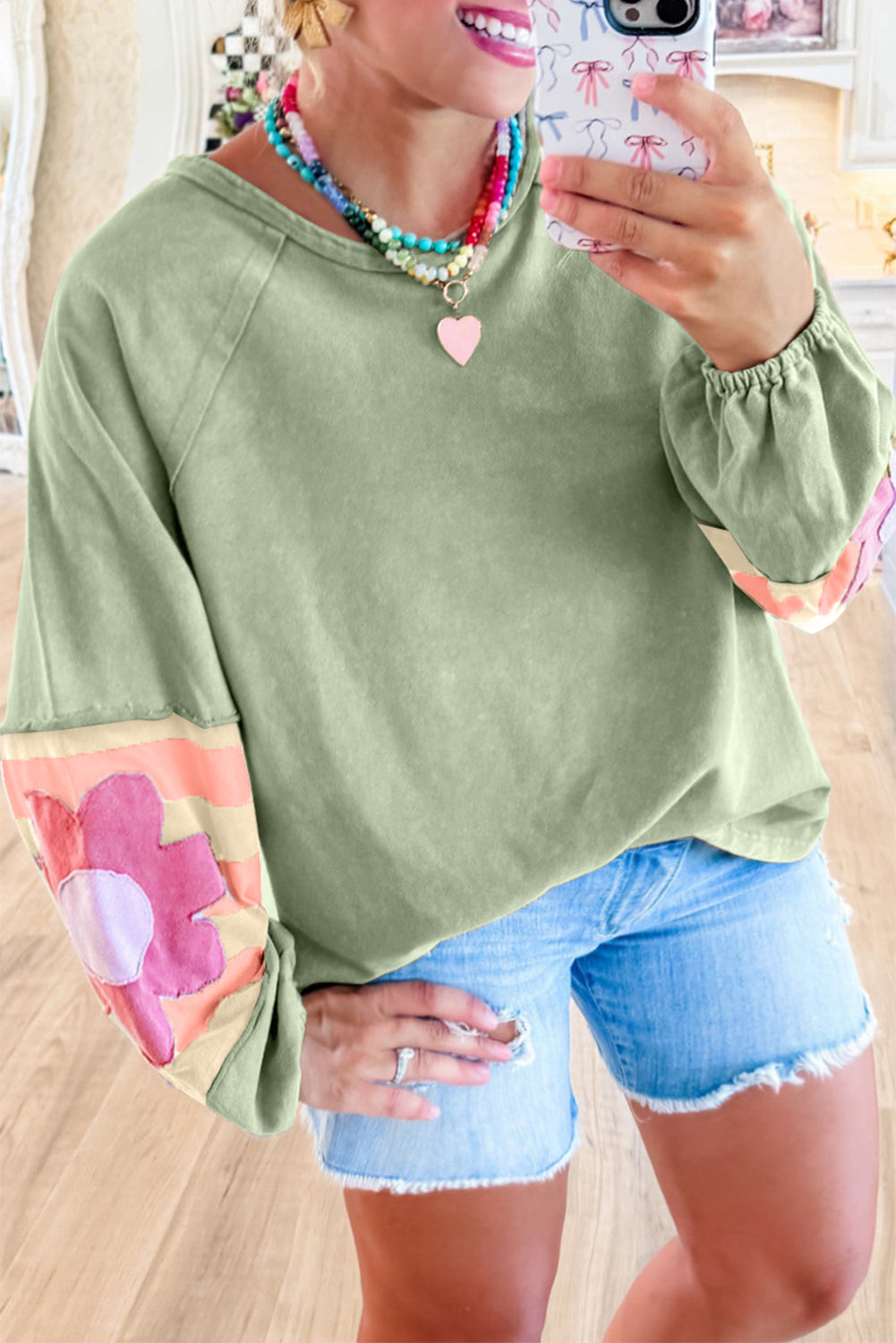 Flower Patchwork Exposed Seam Raglan Sleeve Top