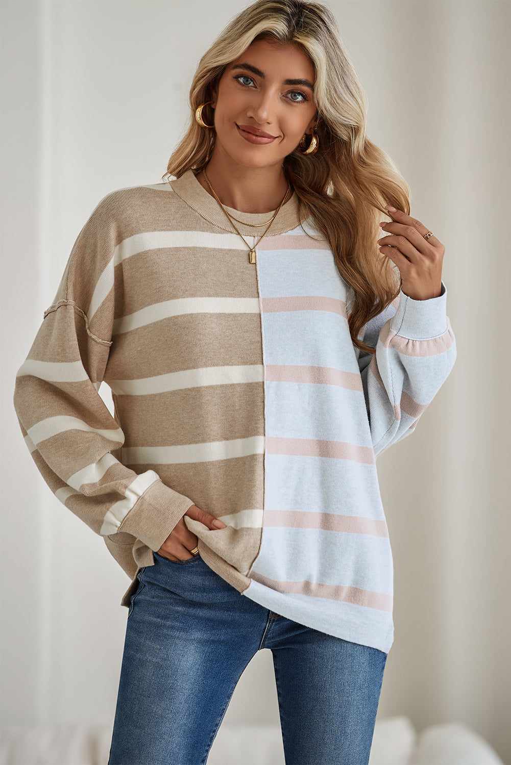 Light Beige Striped Colorblock Drop Shoulder Sweater