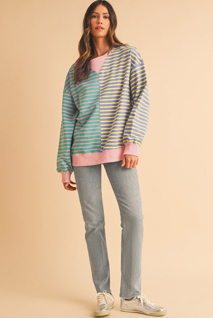 Sky Blue Stripe Colorblock Drop Shoulder Oversize Sweatshirt