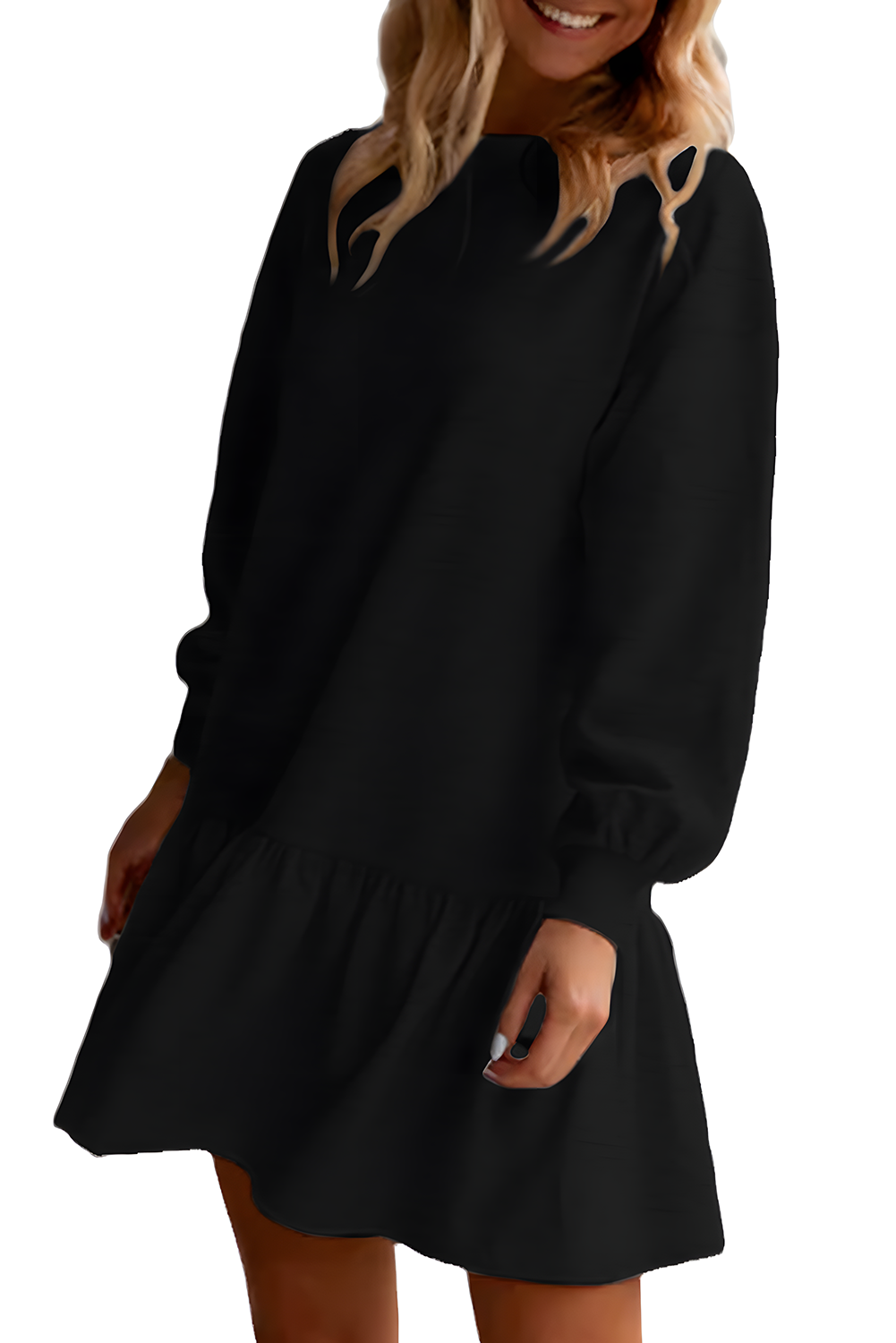 Black Solid Color Ruffle Hem Mini Sweatshirt Dress