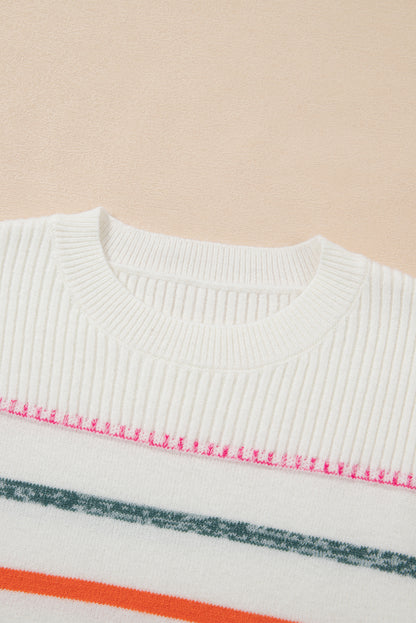 White Colorful Striped Ribbed Trim Round Neck Sweater