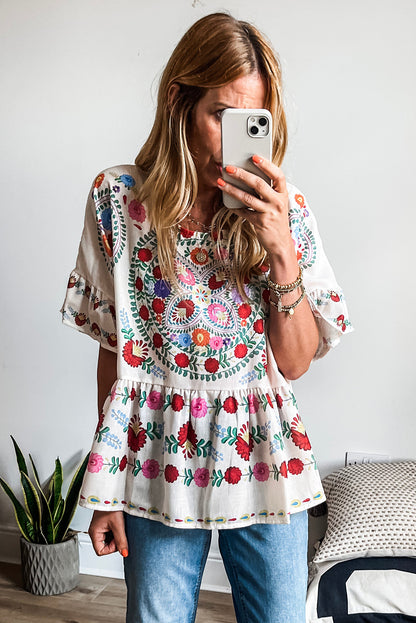 White Boho Floral Bell Sleeve Peplum Blouse