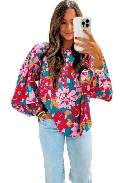 Floral Print Balloon Sleeve Half Buttons Blouse