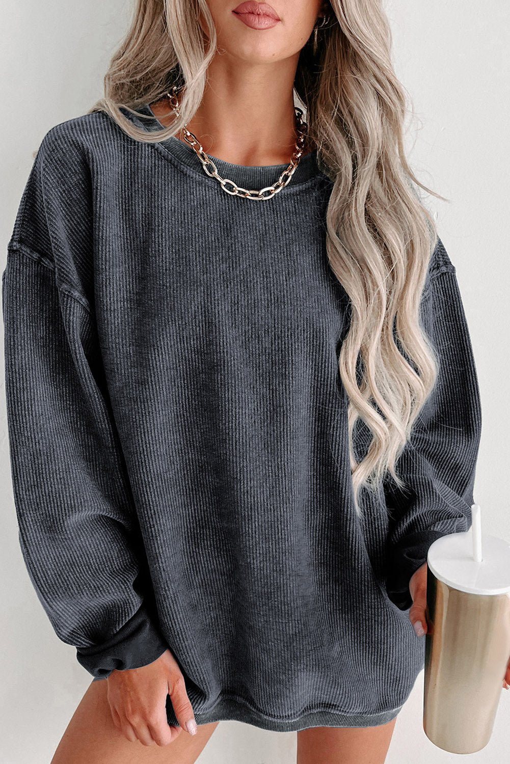 Ribbed Round Neck Drop Sleeve Pullover Sweatshirt