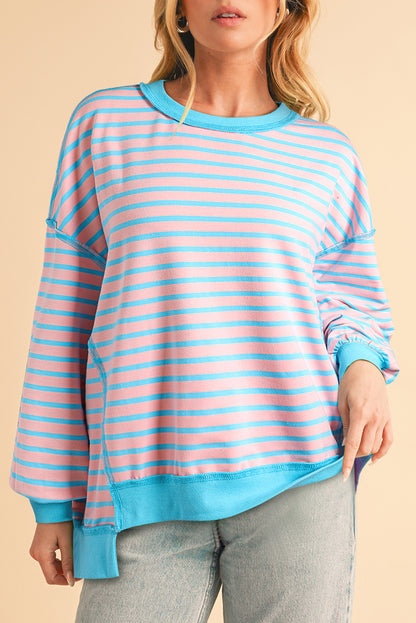 Pink Stripe Contrast Trim High Low Tunic Sweatshirt