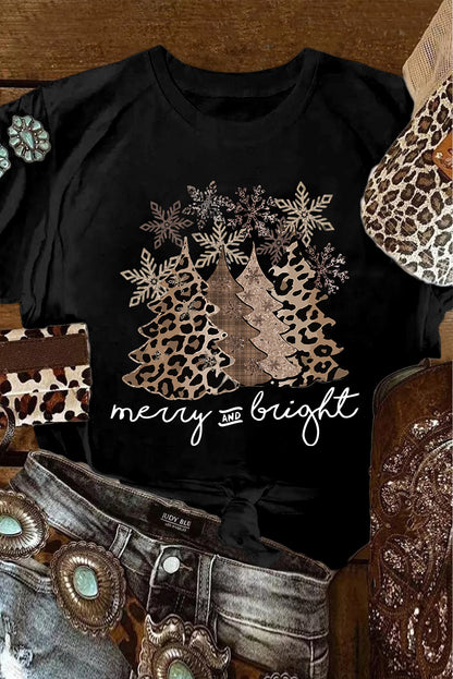 Leopard Christmas Tree Casual Crew Neck Graphic Tee