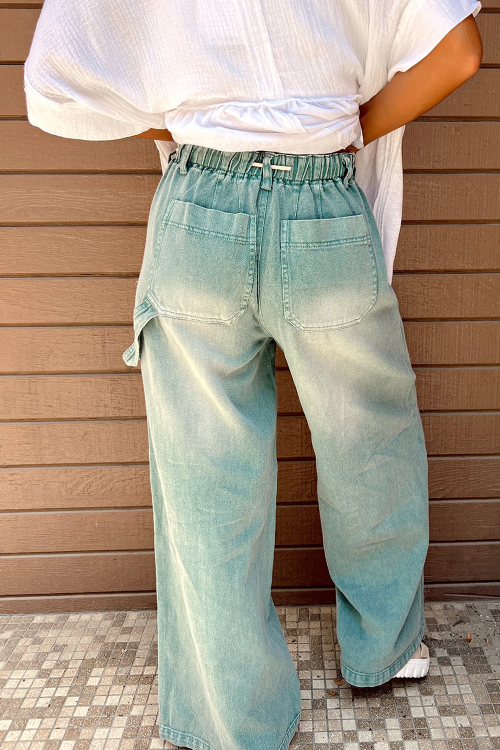 Smoke Green Mineral Wash Drawstring Wide Leg Jeans