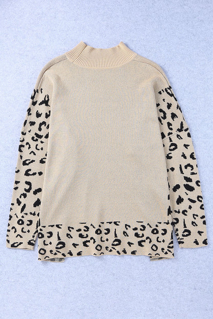 Khaki Leopard Casual Side Slit High Neck Oversized Sweater