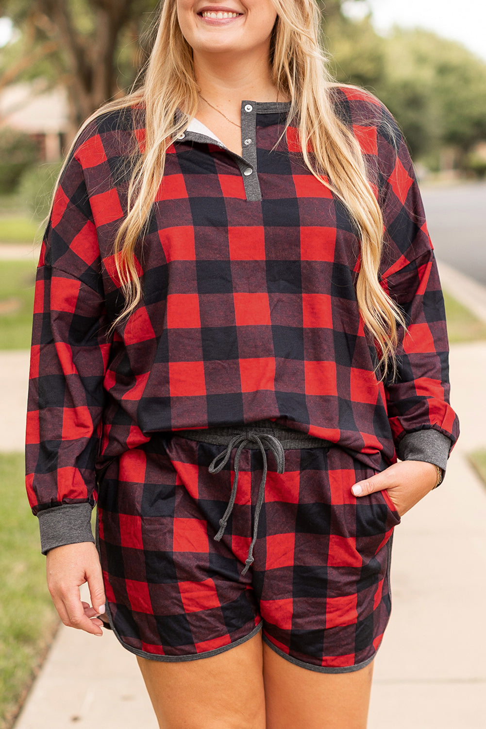 Red Christmas Buffalo Print Henley Top and Shorts Plus Size Matching Set