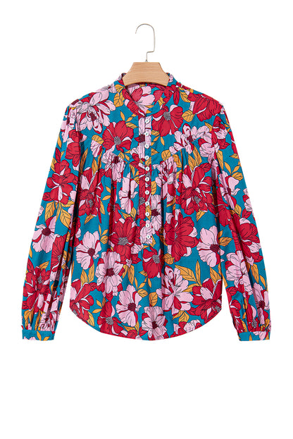 Floral Print Balloon Sleeve Half Buttons Blouse