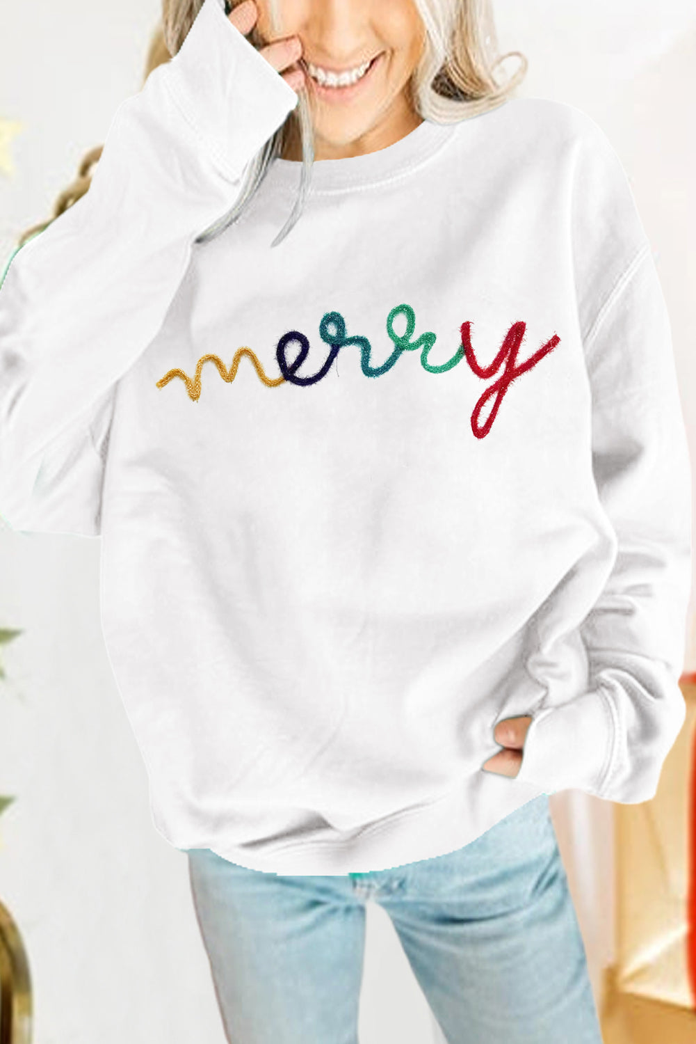 White Tinsel Merry Drop Sleeve Christmas Sweatshirt