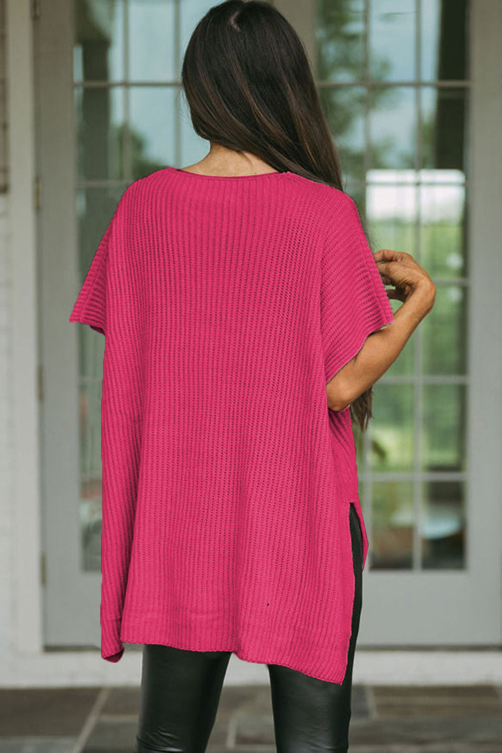 Side Slit Short Sleeve Oversized Sweater