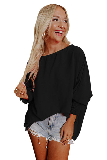 Plain & Casual Shirred Cuffs Half Sleeve Top